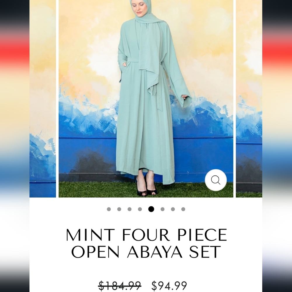 Mint Green 3 Piece Abaya Set (Under Dress, Open Abaya, & Belt)
